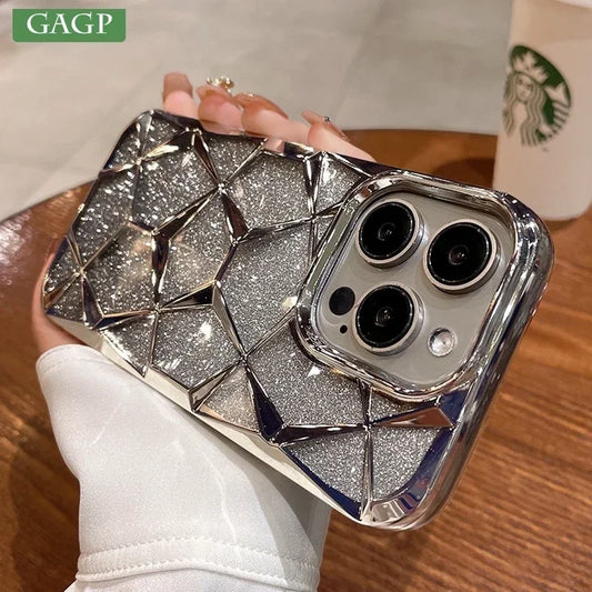 Girl's Phone Case for iPhone 15 14 13 12 11 Pro Max Plus Glitter Bling 3D Cube Diamond Marble Soft TPU Shockproof Cover