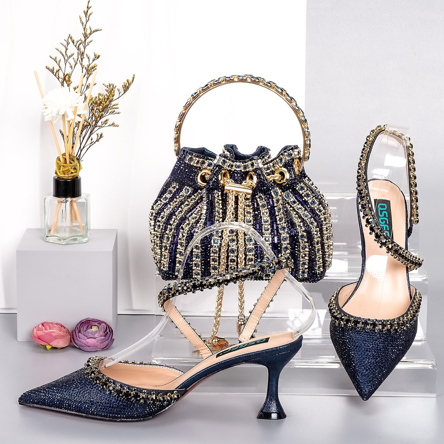 Italian Shoes And Bag Sets For Evening Party With Stones gold