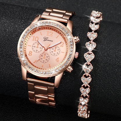 2PCS Women's Watch Fashion Rhinestone Ladies Analog Quartz Watches Bracelet Set Reloj Mujer Girls Clock Gift