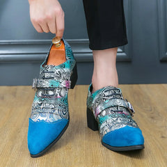 Men's Pointed Toe Dress Shoes Fashion Blue High Heels Men Leather Shoes