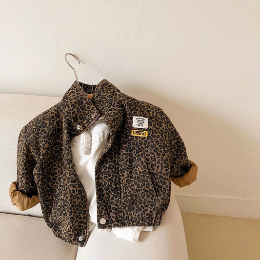 AYNIGIELL Spring Autumn Children's Casual Long-sleeved Jacket Boys Korean Leopard Print Jacket Girls Short Denim Coat