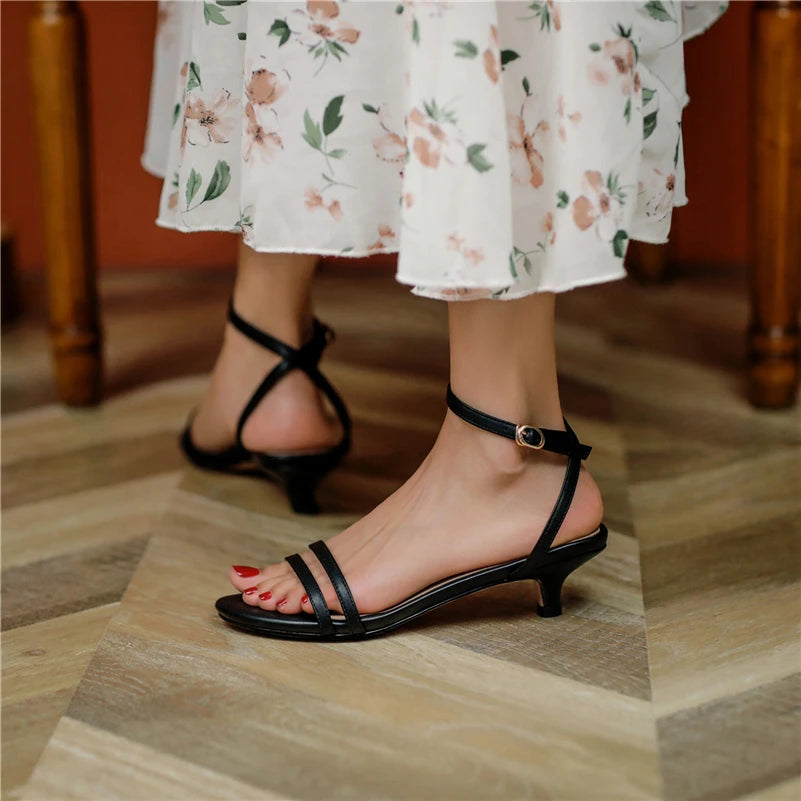Meotina Women Genuine Leather Ankle Strap Sandals Round Toe Thin Mid Heels Buckle Narrow Band Ladies Fashion Casual Shoes Summer