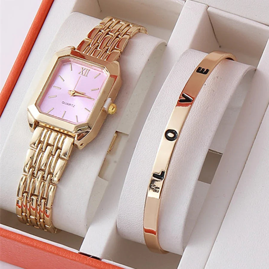 Luxury Women's Quartz Watch Set Fashion Alloy Band Business Ladies Watches Square Quality Gold Plated Folding Female Clock