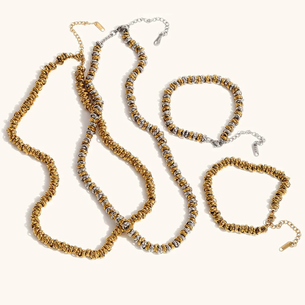 La.Muses Circular Gold Silver Dual Color Mixed Bead Stainless Steel Necklaces For Women Jewelry Waterproof Accessory Gift