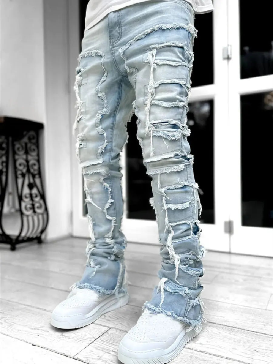 Ripped Jeans Male Retro Trend Street Style Fashion Spliced Slim Jeans Versatile