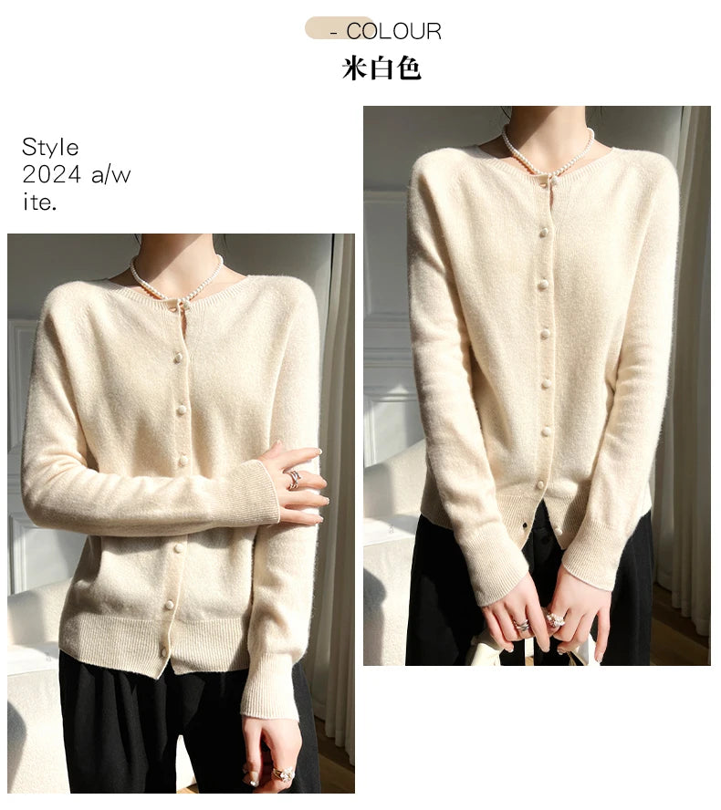 Women 100% Wool Cardigans Sweater Solid Casual Warm Outerwear