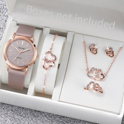 6pcs/set Women Leather Band Quartz Watch and Lover Heart Rose Gold Color Jewelry Set