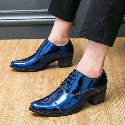 Elegant Blue High Heels Men Wedding Shoes Business Mens Luxury Dress Shoes Shiny Patent Leather Oxford Shoe Men sapato masculino