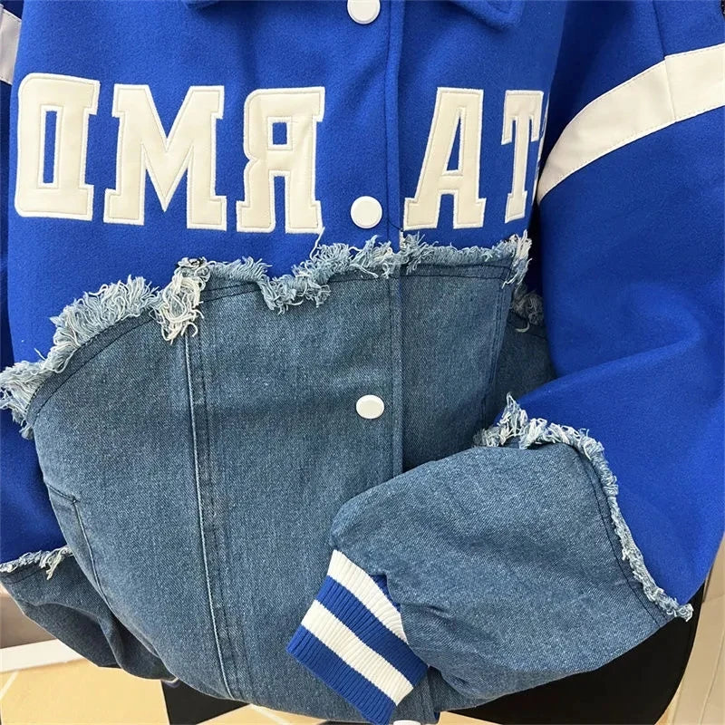 Vintage Denim Patchwork Jackets Men Letter Patch Varsity Jackets
