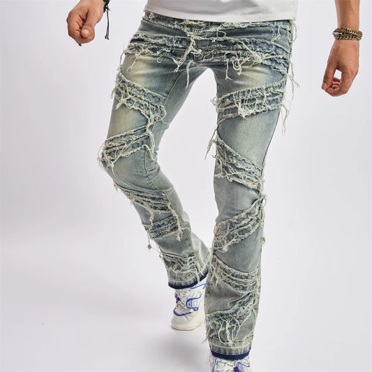 Men Vintage Stylish Loose Ripped Patch Jeans Pants Streetwear Male Solid Casual