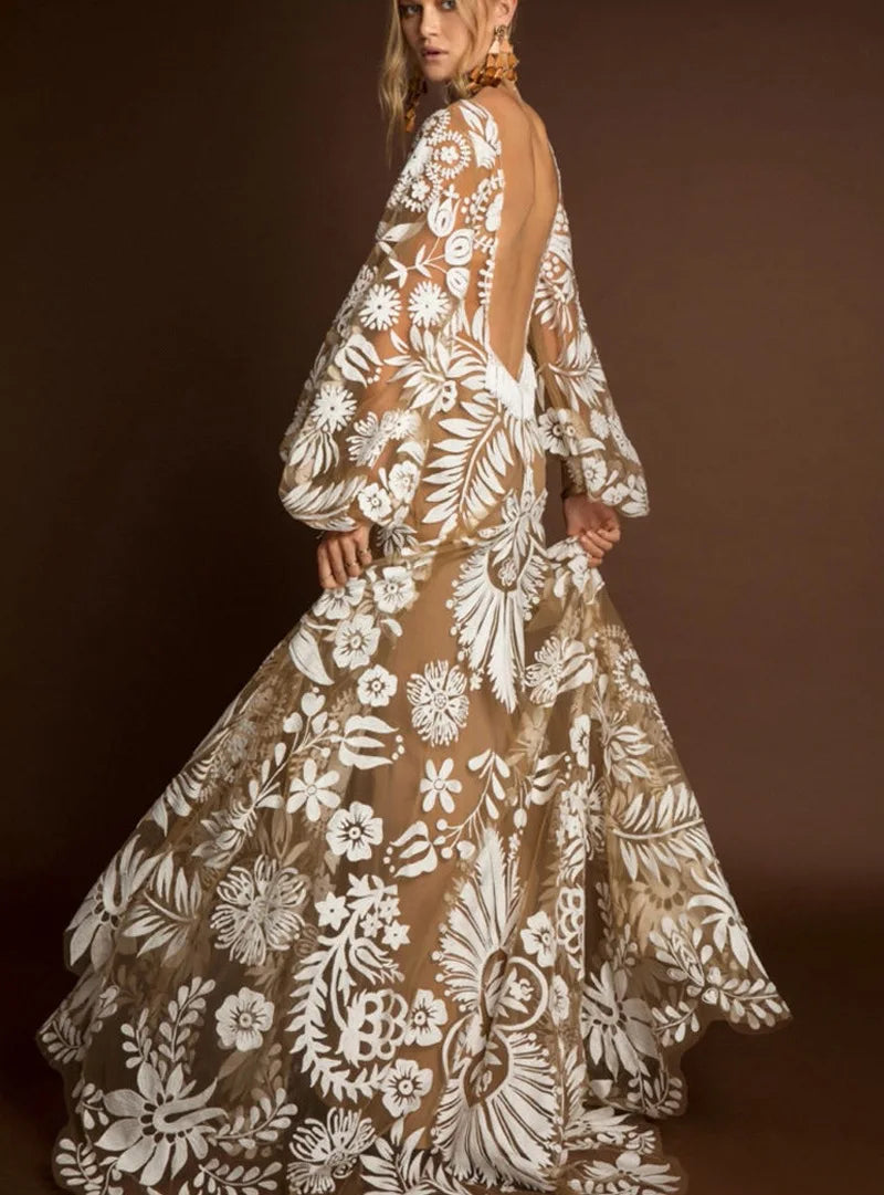 Evening wear Dresses: Long Sleeved Floor-Length Lace Formal Evening Prom Dress