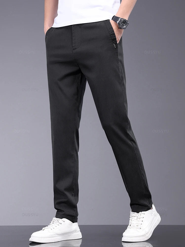 Spring Summer Soft Stretch Lyocell Fabric Men's Casual Pants Thin Slim Elastic