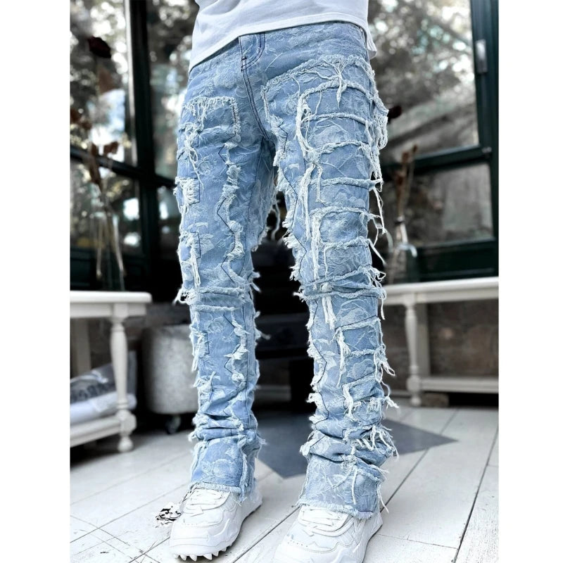 Mens Stacked Jeans Fit Ripped Jeans Destroyed Straight Denims Pants Vintage Hip Hop