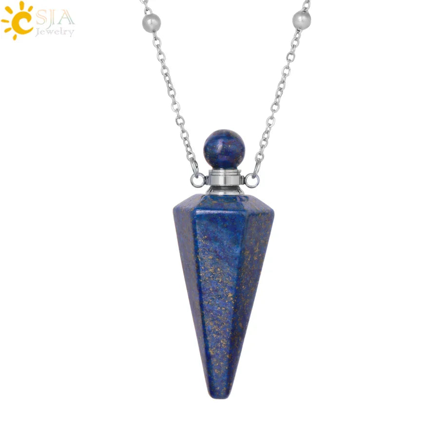 Natural Stone Cone Perfume Bottle necklace Healing Clear Quartz Crystal Pendant Reiki Essentials Oil Diffuser Vial Necklace H119