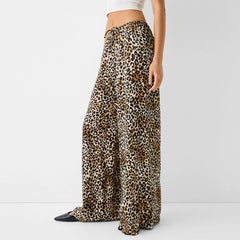 Fashion Vintage Leopard Print Wide-leg Pants Women Casual High-waisted Trouser