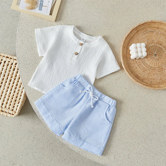 Toddler Boys Summer 2Pcs Casual Outfits Solid Color Short Sleeve Button Tops and Drawstring Striped Shorts Sets 6M-4Y