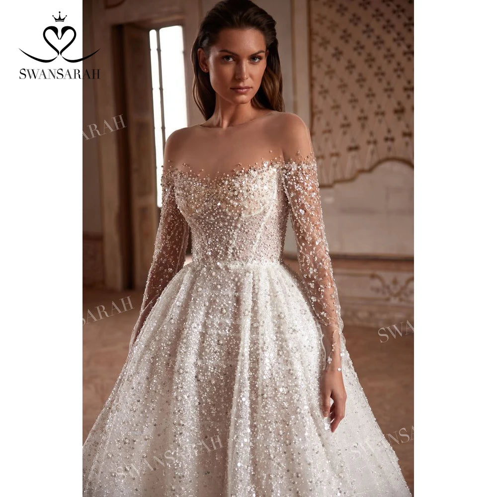 White Bridesmaid Dresses: Wedding Dress Long Sleeve Beading Chapel Train Princess