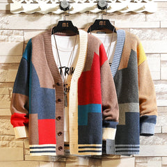 Korean Style Fashion Knit Cardigans Sweater Patchwork Color Couple Jacket