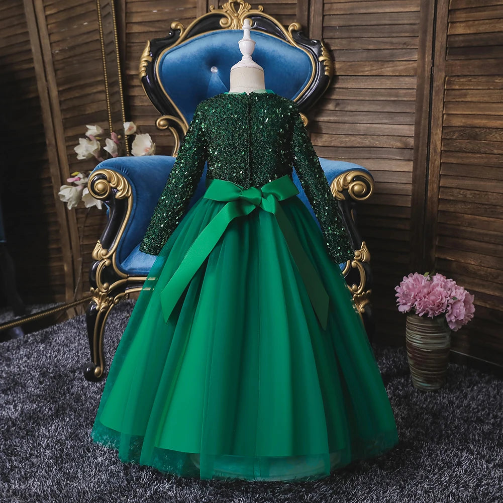 318 Girl's Birthday Evening Dress Long Sleeve Sparkling Pong Skirt Flower Girl Wedding Dress Piano Performance Dress