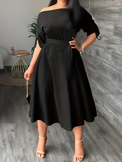 One-piece slim fit and calf drawstring trim dress with off-the-shoulder slightly long sleeves in solid color plus size