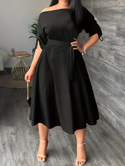 One-piece slim fit and calf drawstring trim dress with off-the-shoulder slightly long sleeves