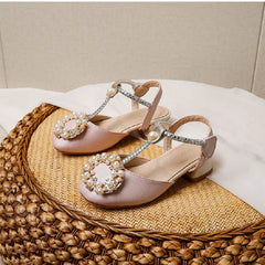 Children Sandals Pearl Rhinestone Kids High Heel Shoe Elegant Baby Girls