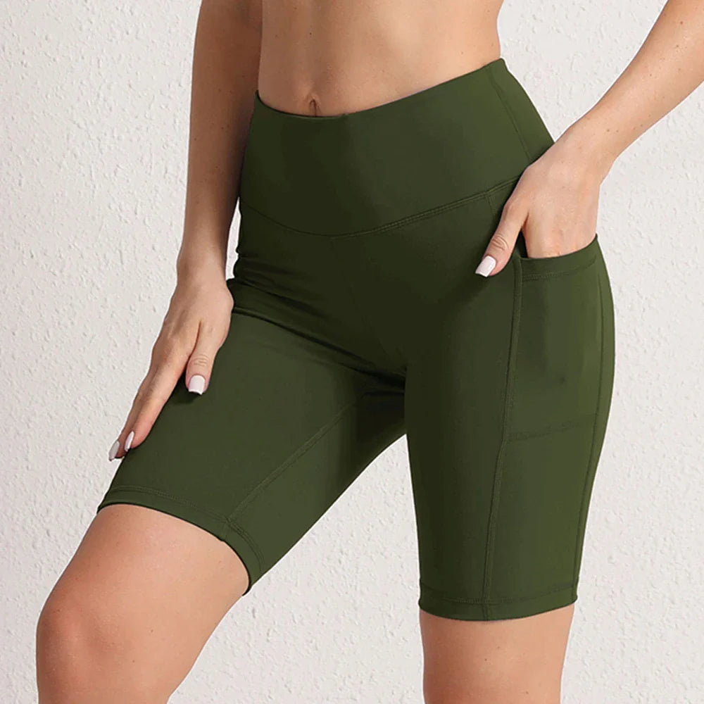 CHRLEISURE Women Yoga Shorts with 3 Pockets Seamless Gym Fitness Tights Elastic Cycling Shorts Female Solid Color Leggings