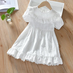 2023 Short Sleeves Dress Casual Clothes Summer White Color Elegant Frocks for Pretty Kids Girls 2-8 Year