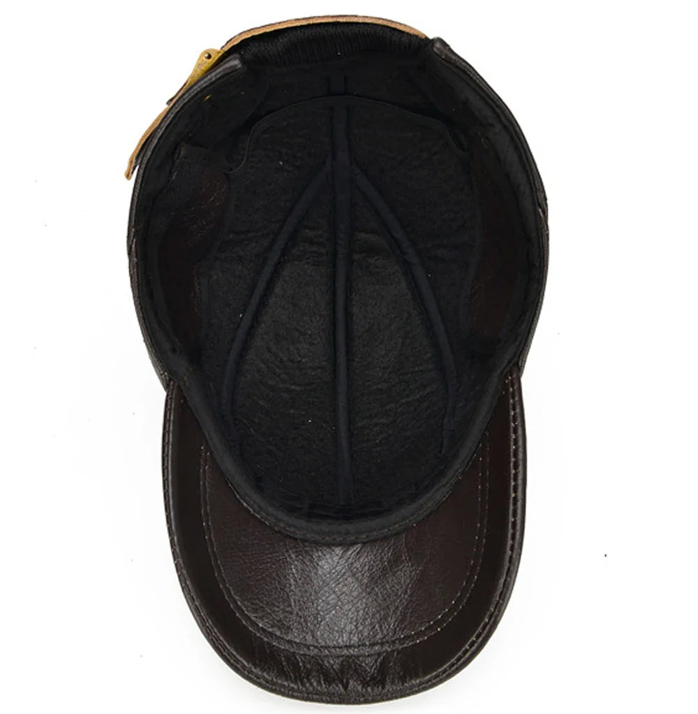 Hot Sale Casual Real Leather Earflap Cap Men's Real Cowhide Leather Caps Male Fall Winter Genuine Real Cow Leather Baseball Hats