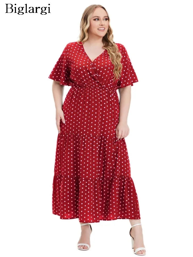 Plus Size Summer Polka Dot Print Long Ruffle Dress Women V-Neck Loose Pleated Casual Fashion Ladies Dresses New Woman Dress