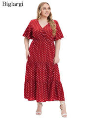 Plus Size Print Long Ruffle Dress Women V-Neck Loose Pleated Casual Fashion