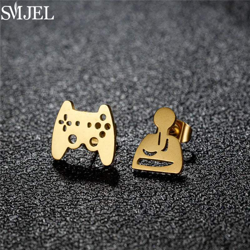 Golden Vintage Mandala leaf Pineapple Earrings for Women Trend Fairy Cup Stainless Steel Earring Punk Game Controller Studs Gift