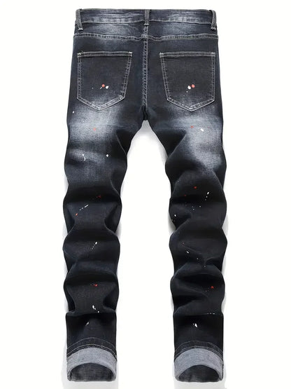 Men y2k Stretchy Denim jeans Ripped Skinny Letter Print elastic waist Casual
