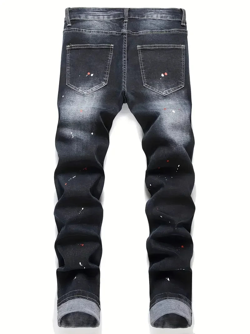 Men y2k Stretchy Denim jeans Ripped Skinny Letter Print elastic waist Casual pants
