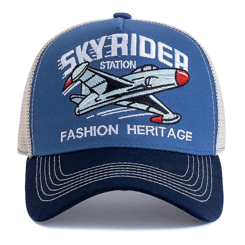 New Style Breathable Mesh Cap Outdoor Baseball Cap Men Women SKY RIDER Embroidered Pattern Snapback Trucker Hat Cap