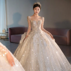 Wedding Dress See Through Square Collar Luxury Sweep Train Winter Bridal Gowns