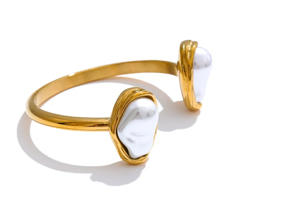 Yhpup 59mm Stainless Steel Baroque Simulated Pearls Cuff Bracelet Bangle Tarnish Resistant Gold Color Wrist Jewelry New