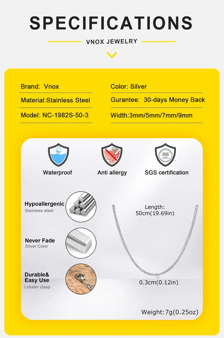 Vnox 3/5/7/9mm Thick Cuban Chain Necklaces for Men Women,Simple Miami Curb Links Collar,Waterproof Stainless Steel Unisex Chain