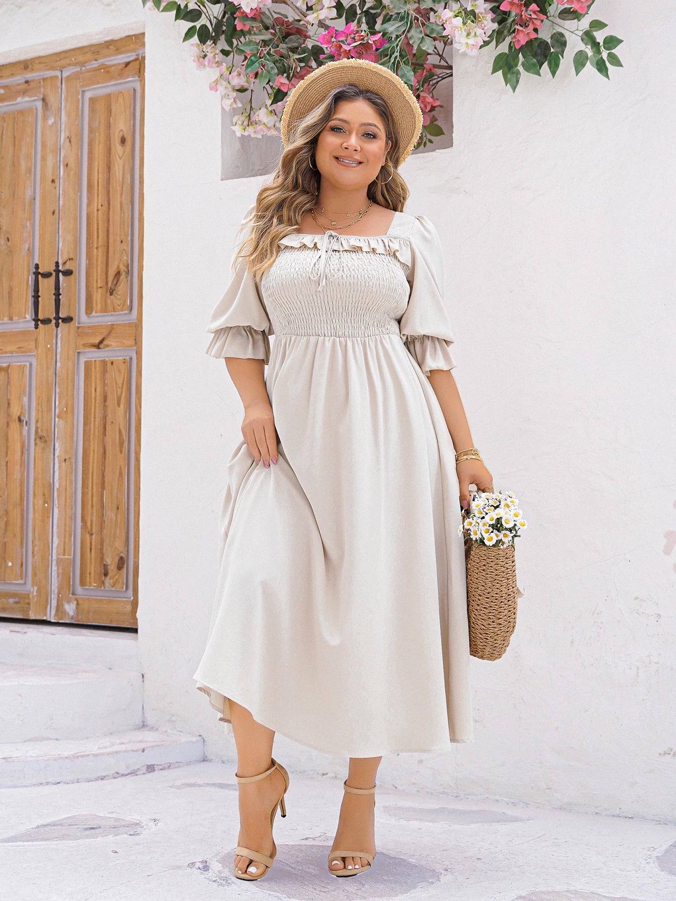 Plus Size Spring Summer Puffy Short Sleeve Dresses Female Elastic Waist Pleated Backless Chiffon Large Size Women Midi Dress