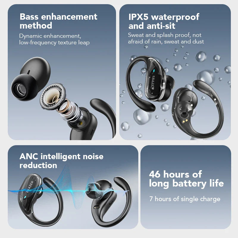 ERAZER XT80 Sports Wireless Headphones with Mics, Button Control, LED Power Display,Hifi Stereo Sound