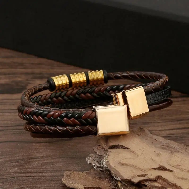 Punk Men Leather Bracelet with Stainless Steel Magnetic Clasp Braided Mutilayer Leather Wrapping Bangles Man Jewelry Gift