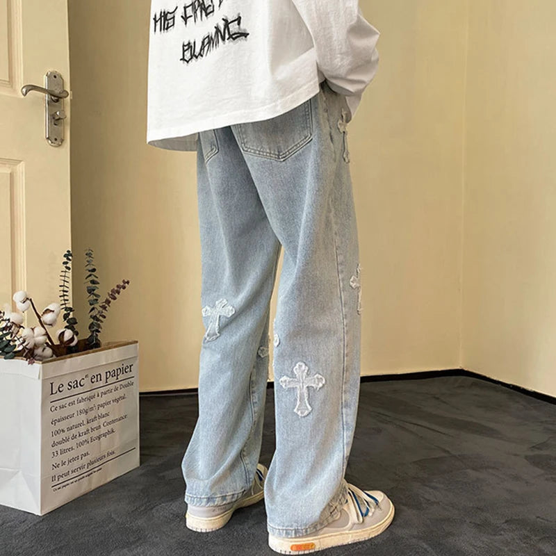 Men's Baggy Jeans Fashion Loose Straight Jean Retro Cross Print Trousers Hip Hop