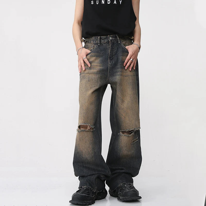 Jeans Summer High Street Men's Wide Leg Denim Pants Gradient Straight Trousers