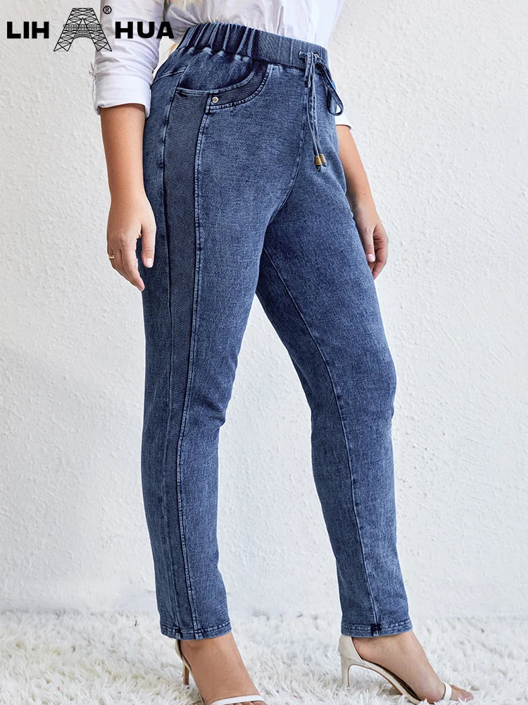 Women's Plus Size Jeans Autumn High Stretch Cotton Knitted Denim Trousers