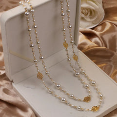 Vintage Lady Camellia Pearls Flower Long Necklace Chain Elegant Double Layers