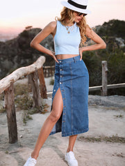 Long skirt cowboy high waisted half length  with irregular split buttons skirts for women