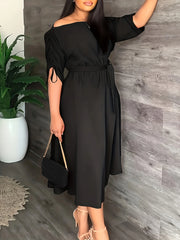 One-piece slim fit and calf drawstring trim dress with off-the-shoulder slightly long sleeves