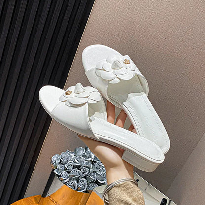2023 High End Luxury Flower Slippers Women Camellia Shoes Open Toe Slides Femme Outside&Home Pantuflas Sandals Ladies Flip Flops