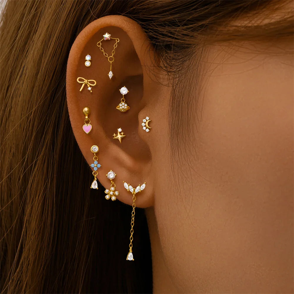 AIDE Heart Round Ball Flat Helix Piercing Earring 925 Sterling Silver Ear Studs Geometric Zircon Exquisite Trinket Studs Aretes
