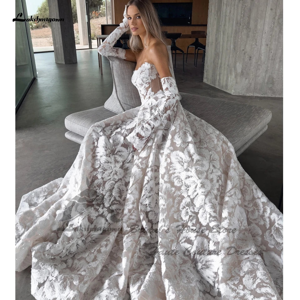 Evening wear Dresses: Lace Boho Wedding Dresses Detachable Long Sleeve